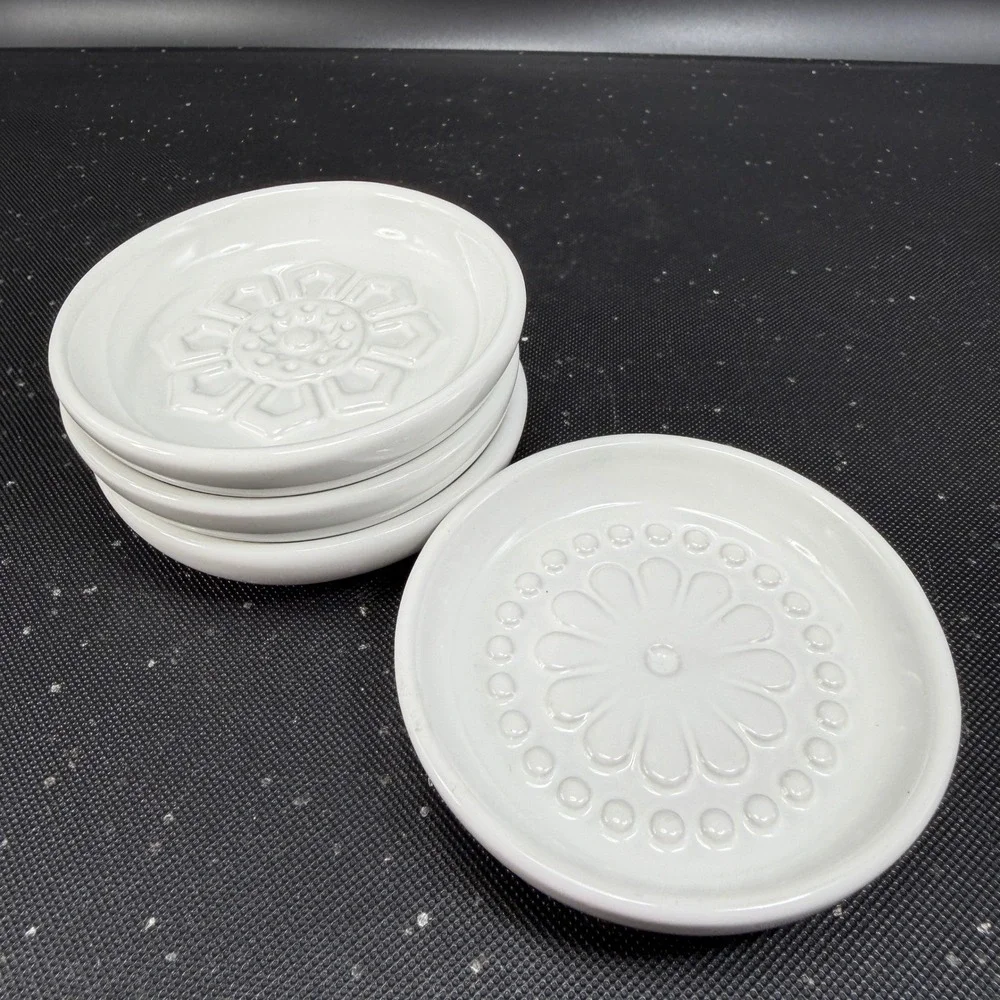 IKEA White Ceramic Butter Dishes Set of 4 Embossed Floral‎ Trinket Dishes 3inch